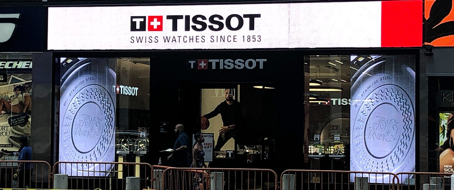 PixelFLEX Transparent LED Display Tour De France watch Tissot Storefront Signage