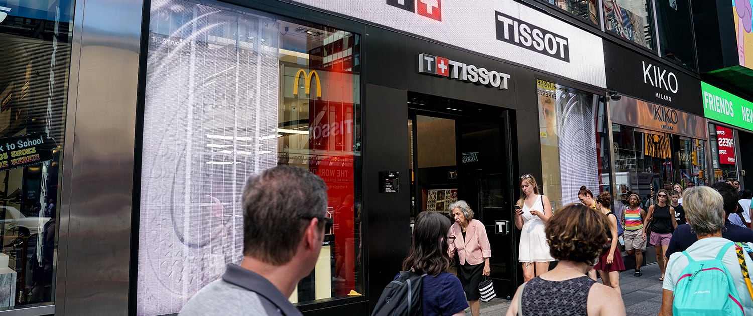 PixelFLEX Transparent LED Display with image of watch on Tissot Storefront