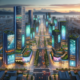Futuristic cityscape with smart LED display technology