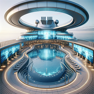 Creative LED display design on an AI-generated cruise ship rendering